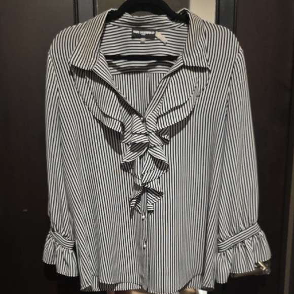 Karl Lagerfeld Tops - Karl Lagerfeld Black and White Striped Blouse with Ruffle Detail